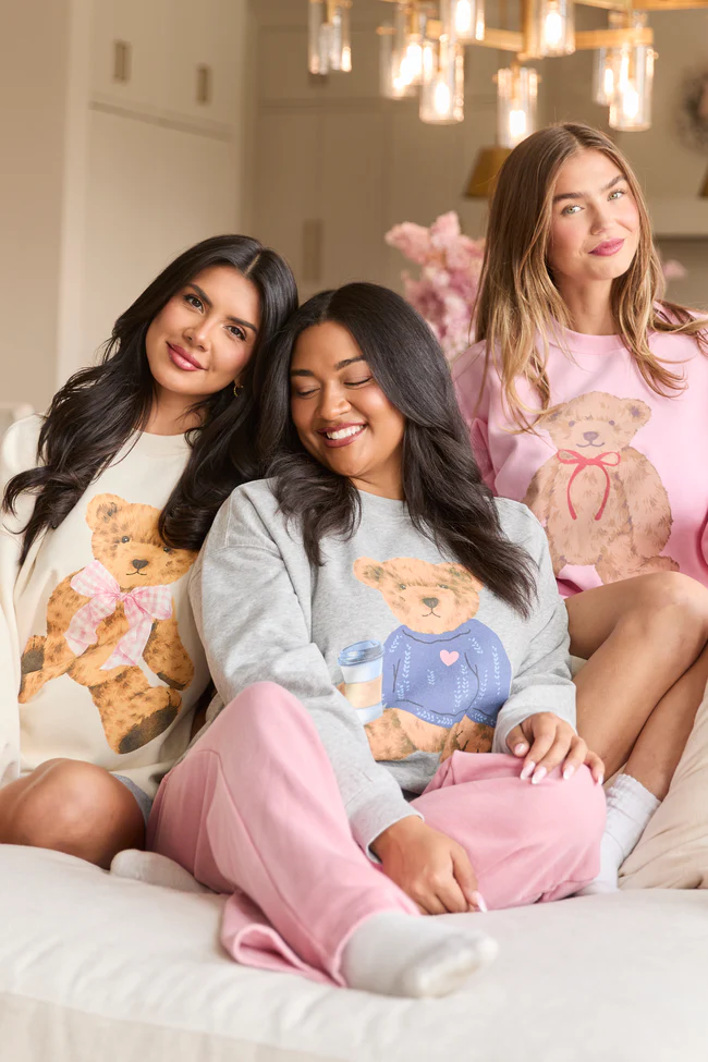 Vintage Teddy Bear Gingham Bow Cream Graphic Sweatshirt - Image 5