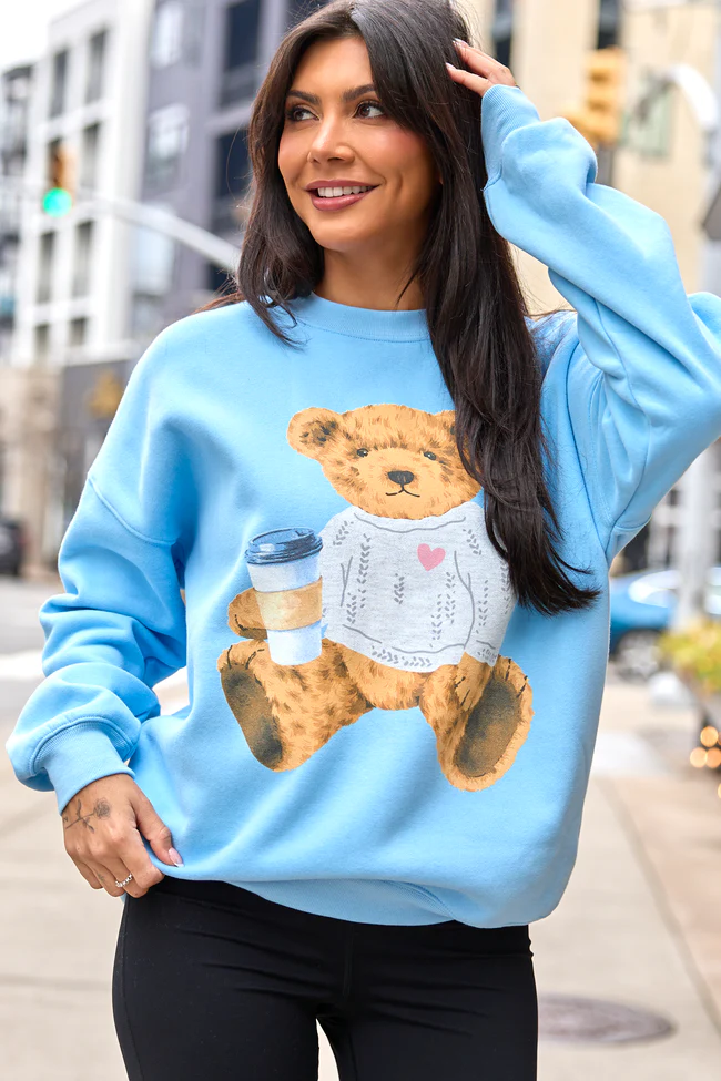 Vintage Teddy Bear Heart Sweater Light Blue Graphic Sweatshirt