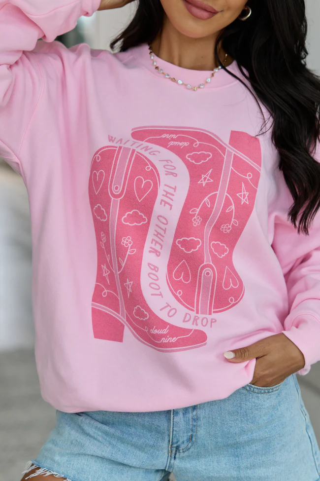 Waiting For The Other Boot To Drop Light Pink Graphic Sweatshirt - Image 2
