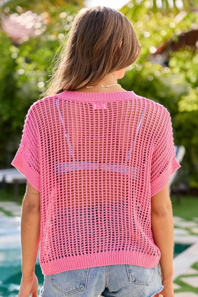 Wave Of Relief Pink Short Sleeve Open Knit Cover Up Sweater - Image 5