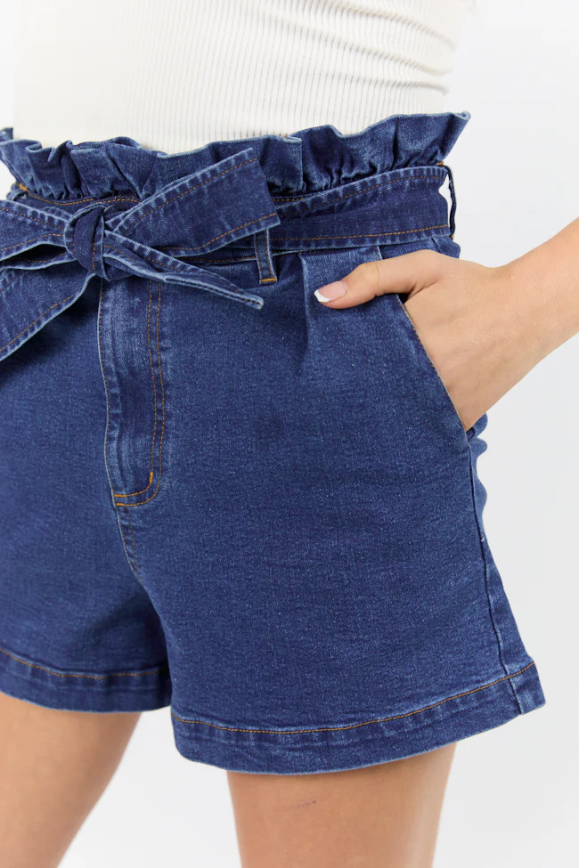 What's New Dark Wash Paperbag Waist Belted Denim Shorts - Image 3