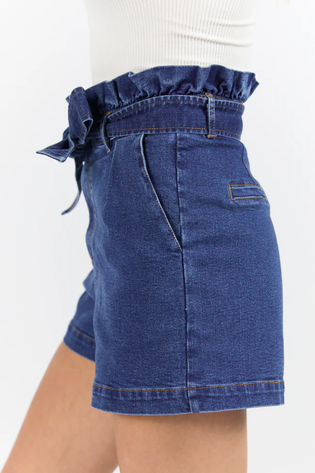 What's New Dark Wash Paperbag Waist Belted Denim Shorts - Image 5