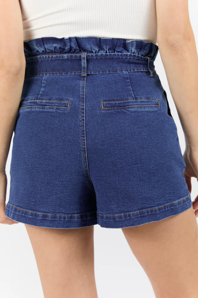 What's New Dark Wash Paperbag Waist Belted Denim Shorts - Image 6